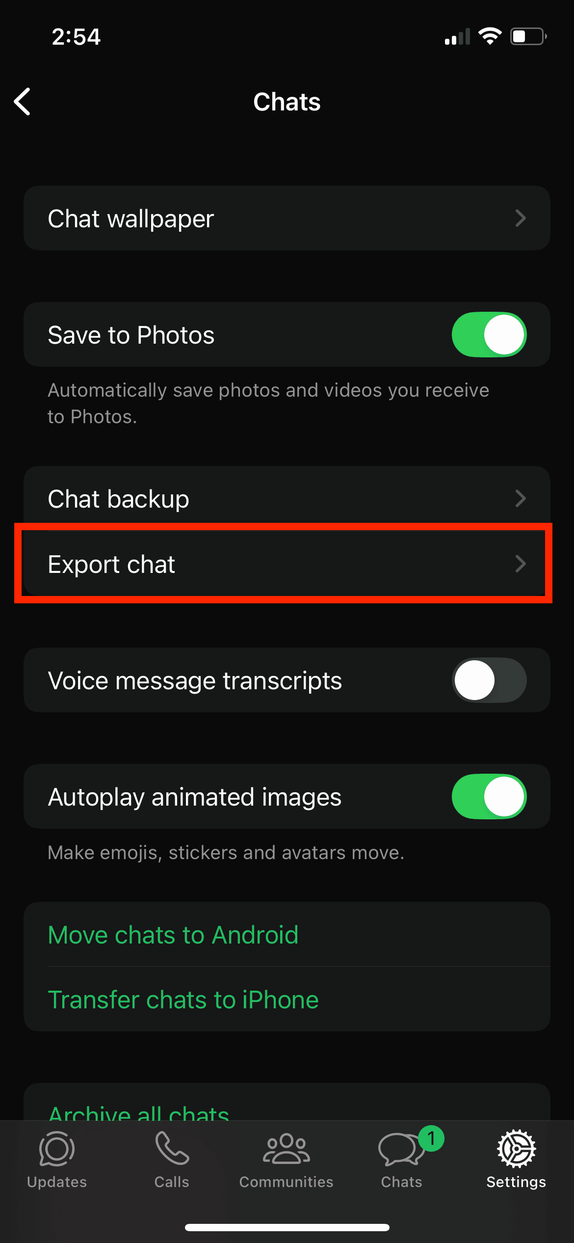 WhatsApp Mobile App - 3. "채팅 내보내기"를 클릭하세요